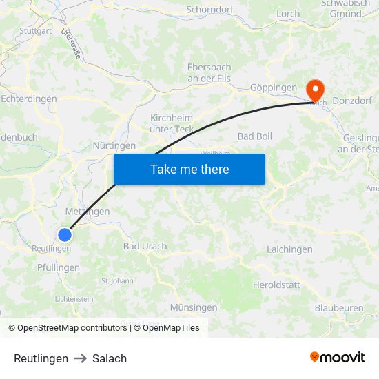 Reutlingen to Salach map