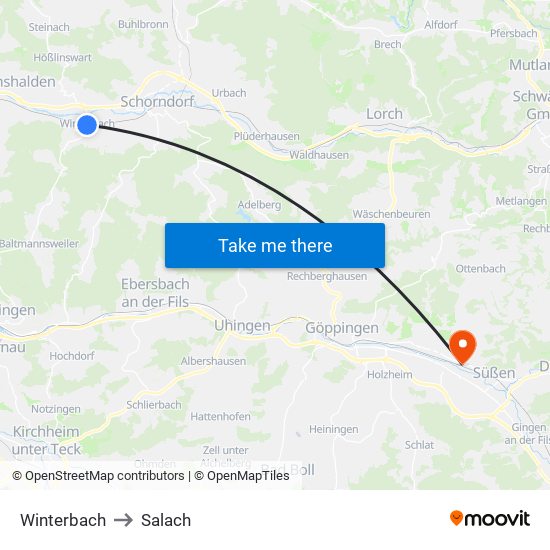 Winterbach to Salach map