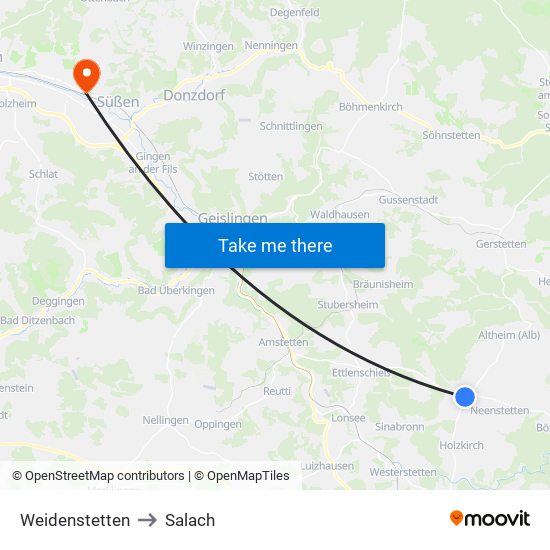 Weidenstetten to Salach map