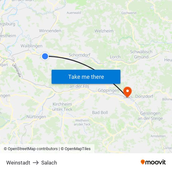 Weinstadt to Salach map