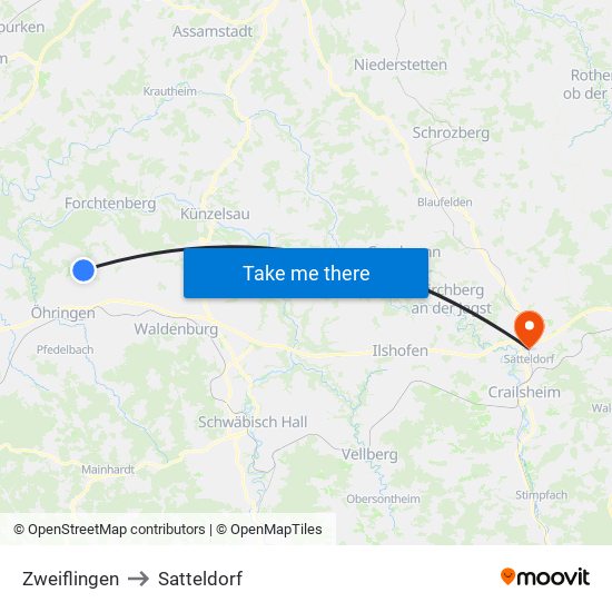 Zweiflingen to Satteldorf map