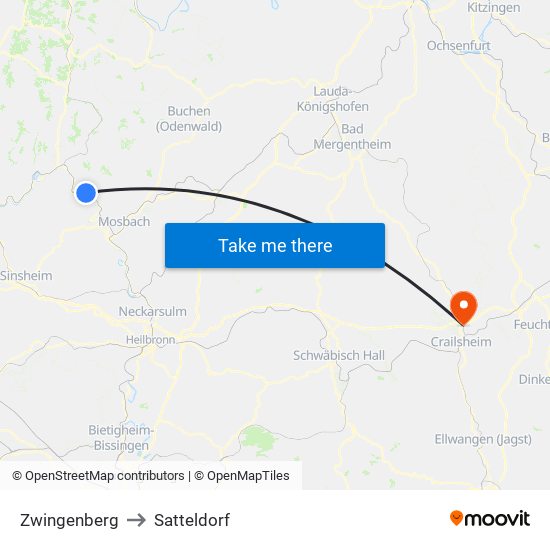Zwingenberg to Satteldorf map