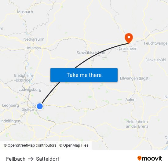 Fellbach to Satteldorf map