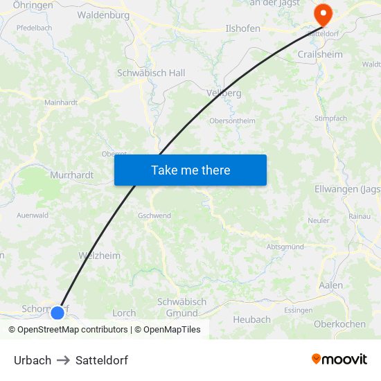 Urbach to Satteldorf map