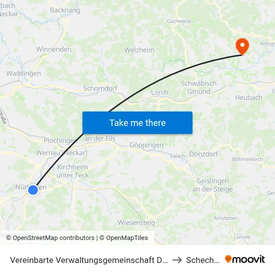 Vereinbarte Verwaltungsgemeinschaft Der Stadt Nürtingen to Schechingen map
