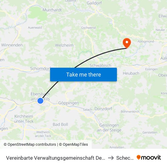 Vereinbarte Verwaltungsgemeinschaft Der Stadt Ebersbach An Der Fils to Schechingen map
