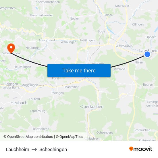 Lauchheim to Schechingen map