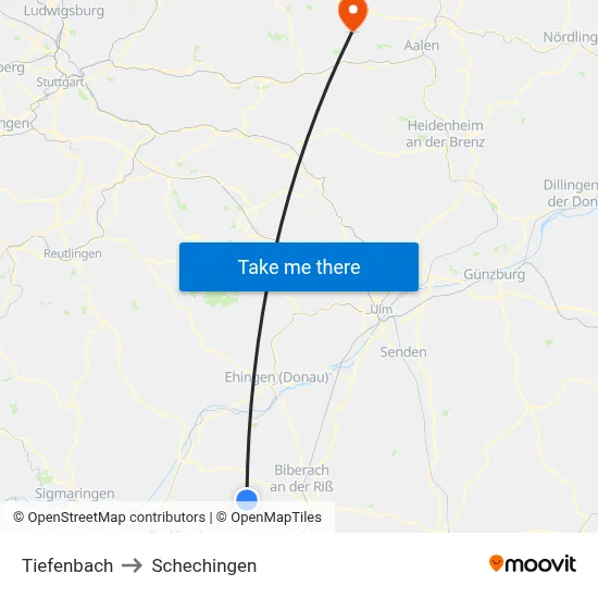 Tiefenbach to Schechingen map
