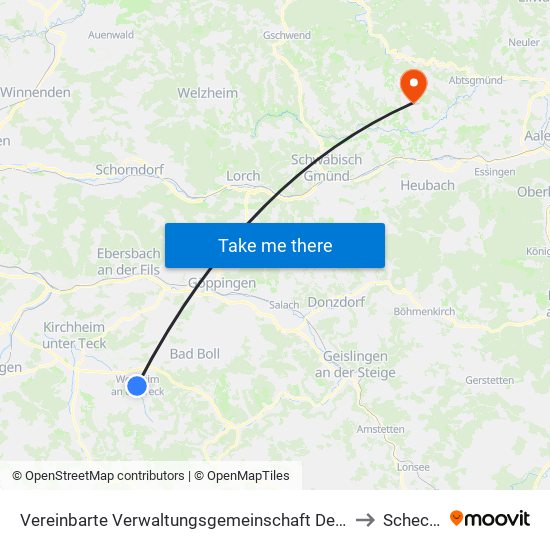 Vereinbarte Verwaltungsgemeinschaft Der Stadt Weilheim An Der Teck to Schechingen map