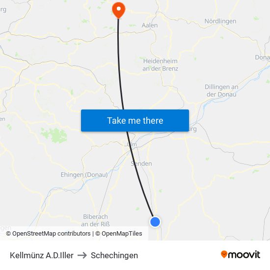 Kellmünz A.D.Iller to Schechingen map