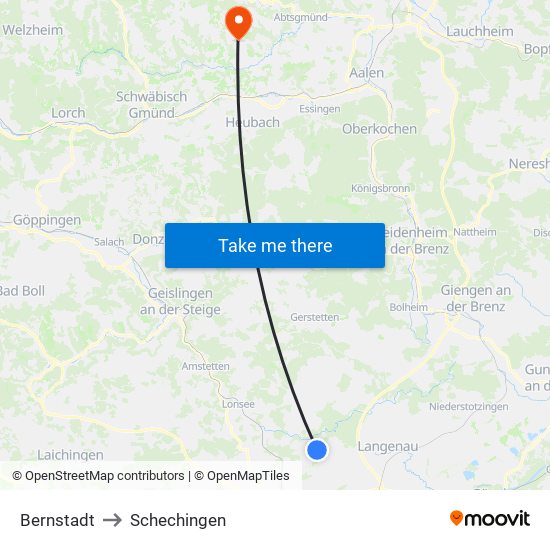 Bernstadt to Schechingen map