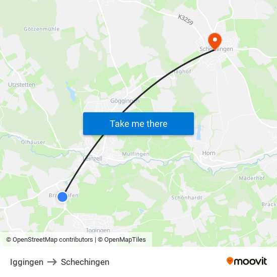 Iggingen to Schechingen map