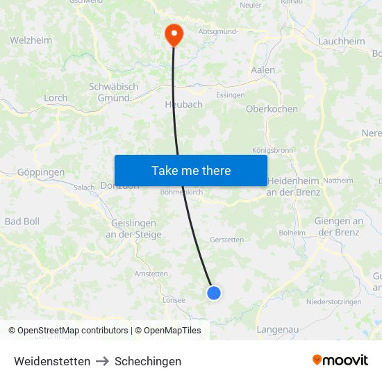 Weidenstetten to Schechingen map