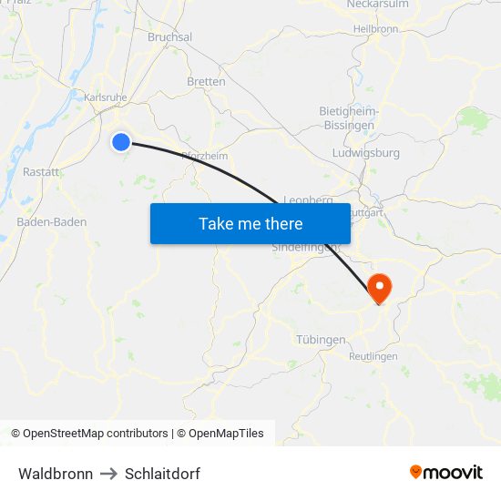 Waldbronn to Schlaitdorf map