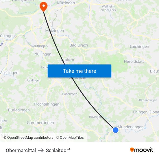 Obermarchtal to Schlaitdorf map