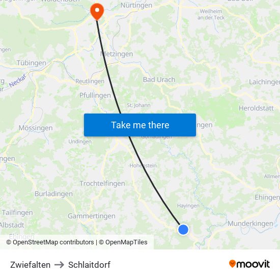 Zwiefalten to Schlaitdorf map