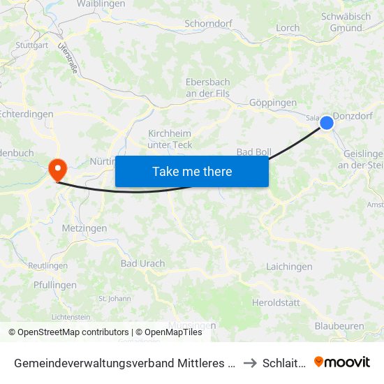 Gemeindeverwaltungsverband Mittleres Fils-Lautertal to Schlaitdorf map