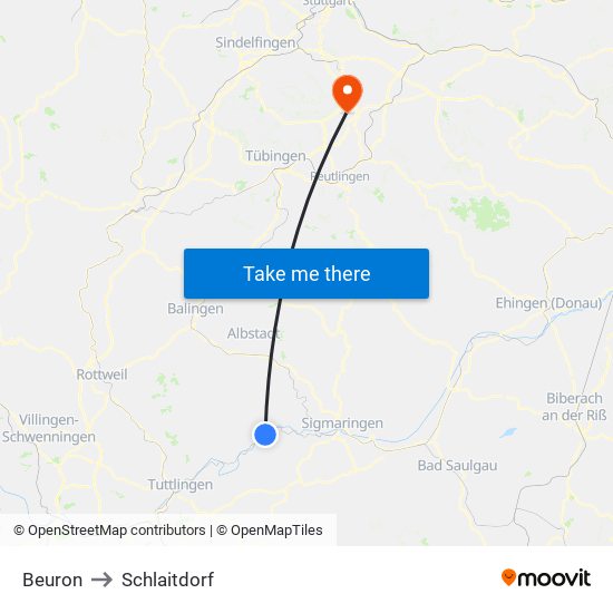 Beuron to Schlaitdorf map