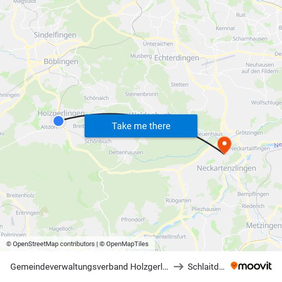 Gemeindeverwaltungsverband Holzgerlingen to Schlaitdorf map