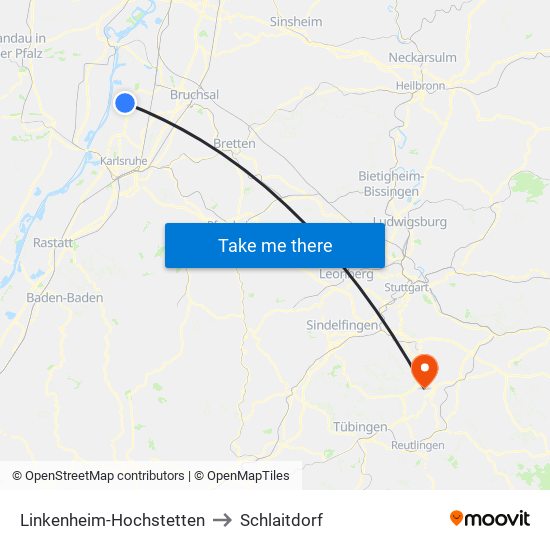 Linkenheim-Hochstetten to Schlaitdorf map