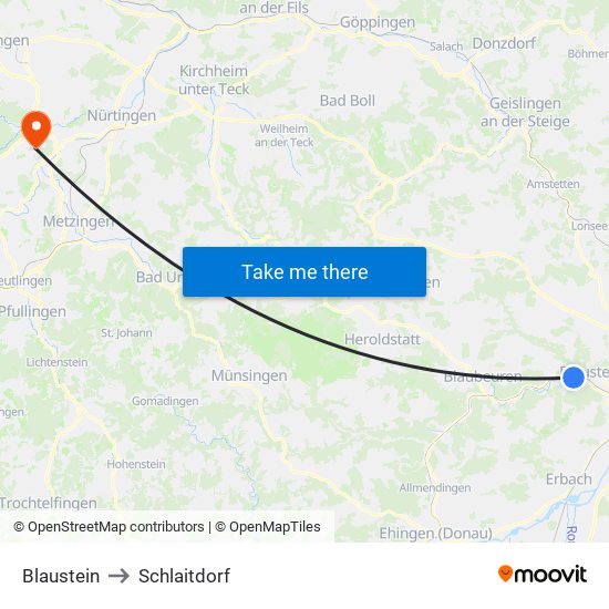 Blaustein to Schlaitdorf map