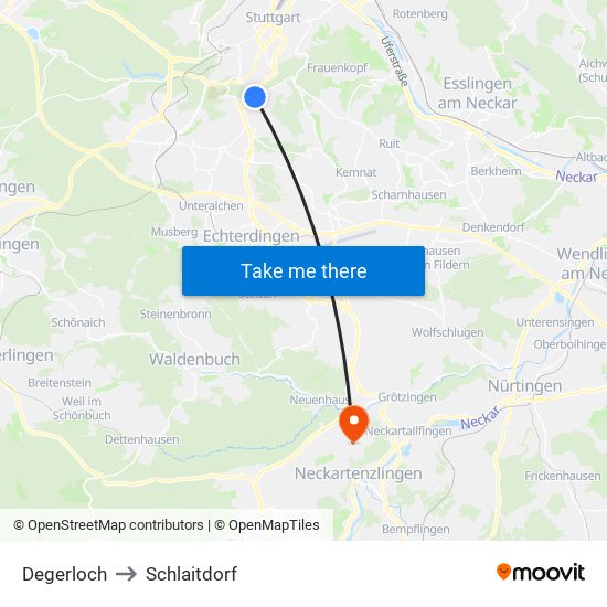 Degerloch to Schlaitdorf map