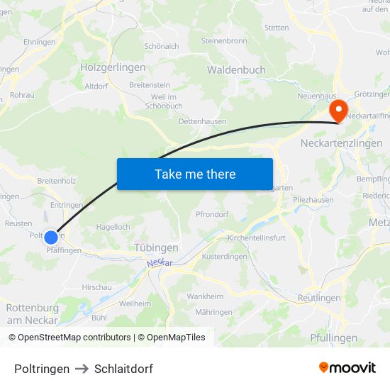 Poltringen to Schlaitdorf map