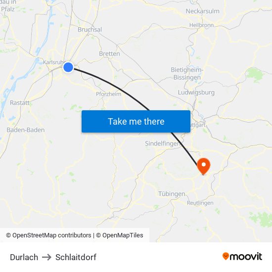 Durlach to Schlaitdorf map