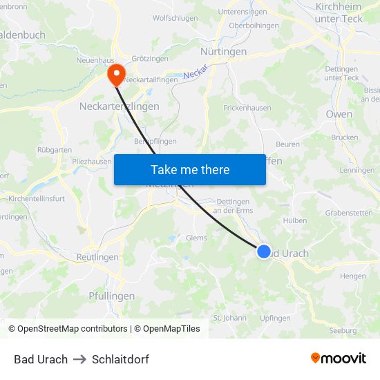 Bad Urach to Schlaitdorf map