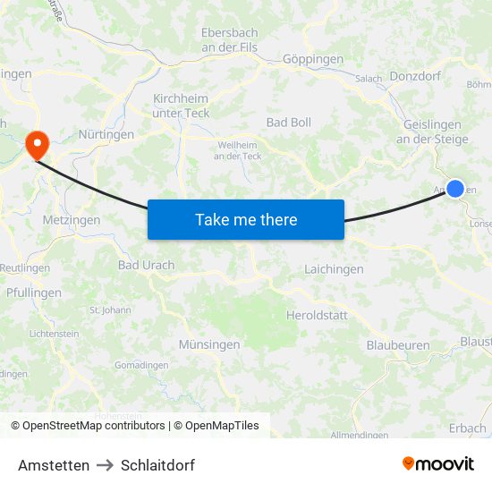 Amstetten to Schlaitdorf map