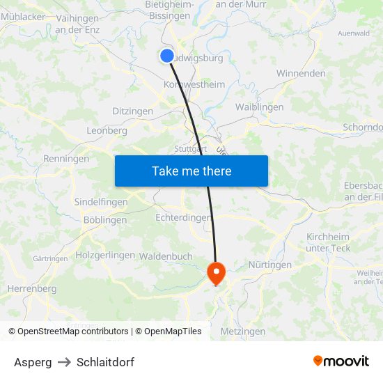 Asperg to Schlaitdorf map