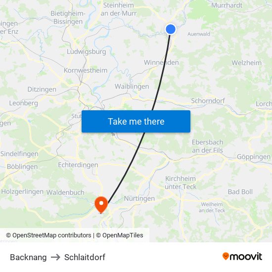 Backnang to Schlaitdorf map