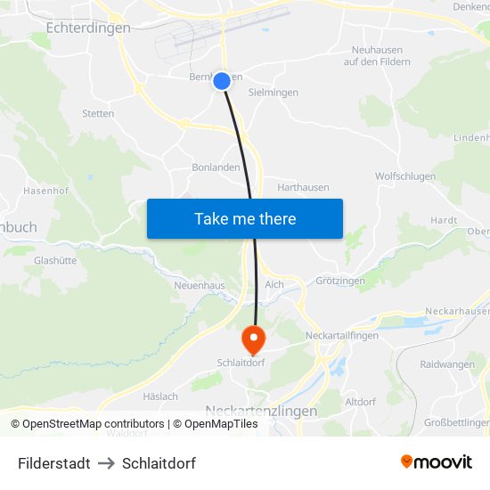 Filderstadt to Schlaitdorf map