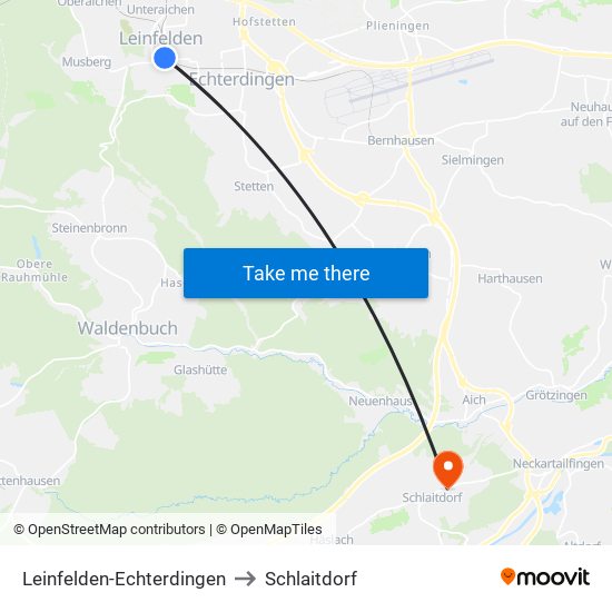 Leinfelden-Echterdingen to Schlaitdorf map