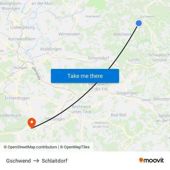 Gschwend to Schlaitdorf map