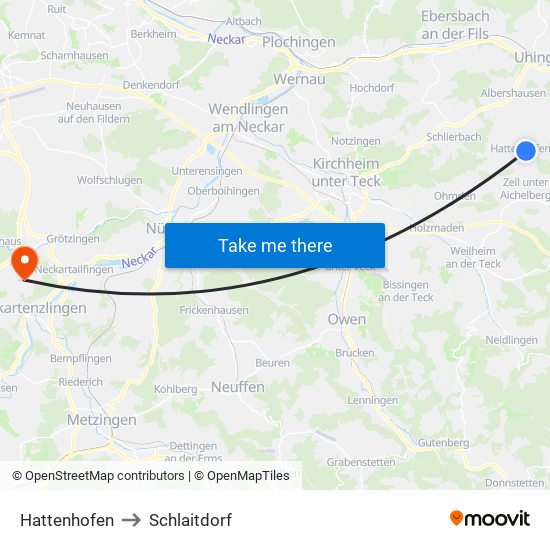 Hattenhofen to Schlaitdorf map