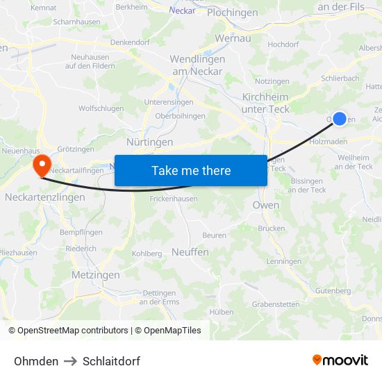 Ohmden to Schlaitdorf map