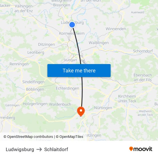 Ludwigsburg to Schlaitdorf map