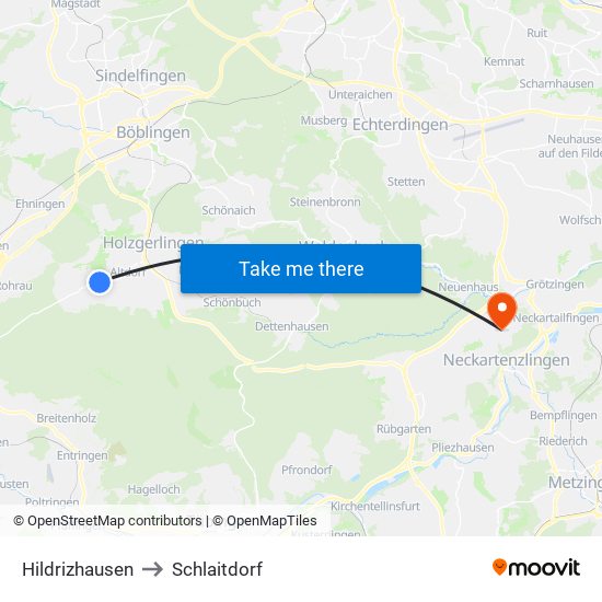 Hildrizhausen to Schlaitdorf map