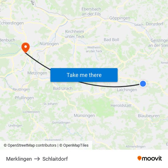 Merklingen to Schlaitdorf map