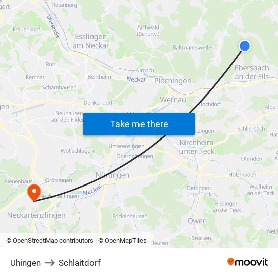 Uhingen to Schlaitdorf map