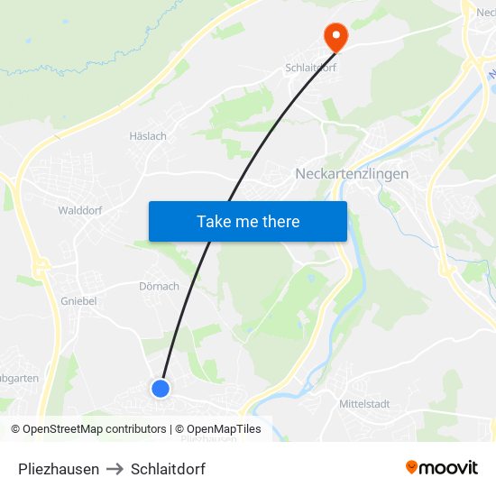 Pliezhausen to Schlaitdorf map