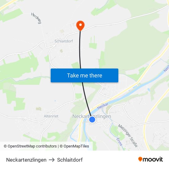 Neckartenzlingen to Schlaitdorf map