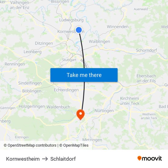 Kornwestheim to Schlaitdorf map