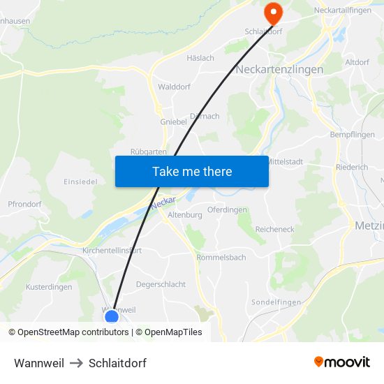 Wannweil to Schlaitdorf map