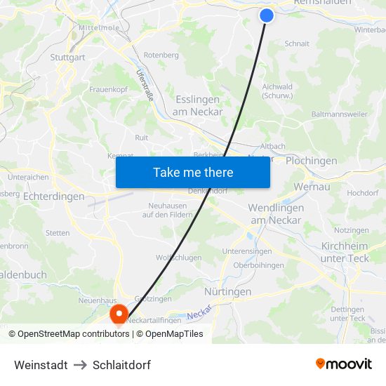 Weinstadt to Schlaitdorf map
