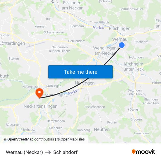 Wernau (Neckar) to Schlaitdorf map