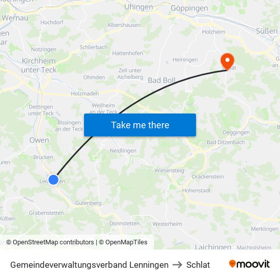 Gemeindeverwaltungsverband Lenningen to Schlat map