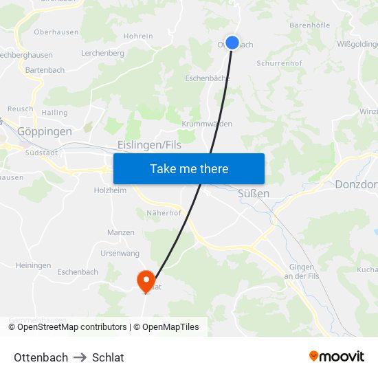 Ottenbach to Schlat map
