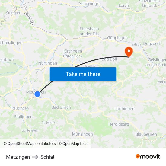 Metzingen to Schlat map